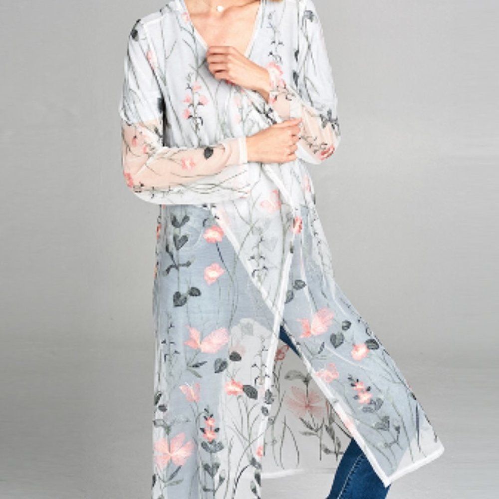 Sheer Mesh Floral Embroidery Cardigan